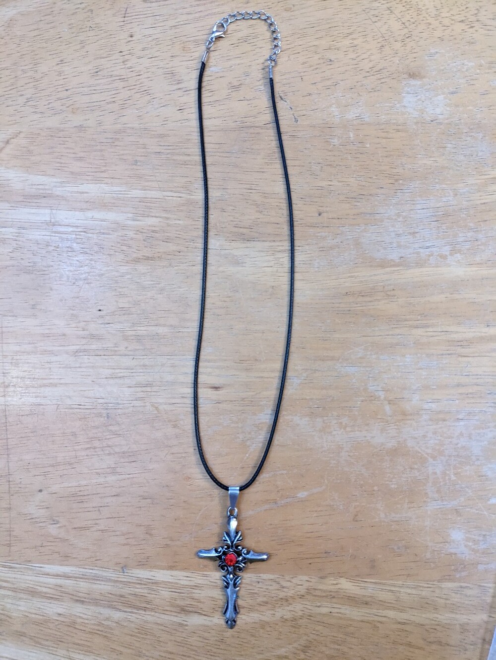 Men's Gothic Cross Pendant Necklace with Red Crystal | Silver-Tone Cross, T5B9F